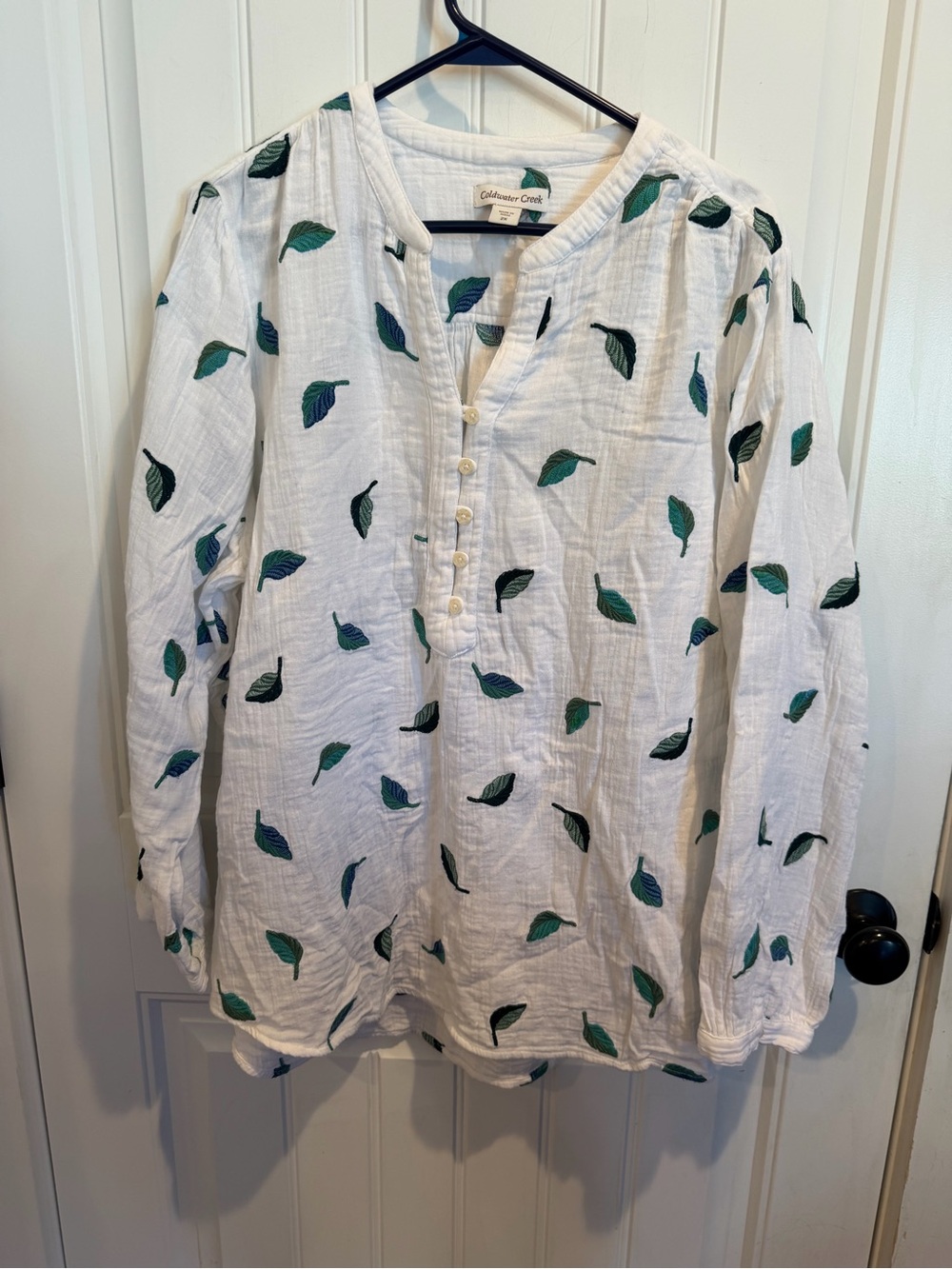 Coldwater Creek 2X White Cotton Gauze Embroidered Leaf Tunic Top